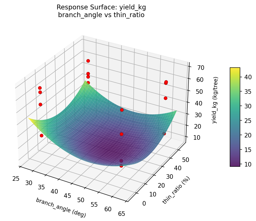 RSM surface: yield kg branch angle vs thin ratio