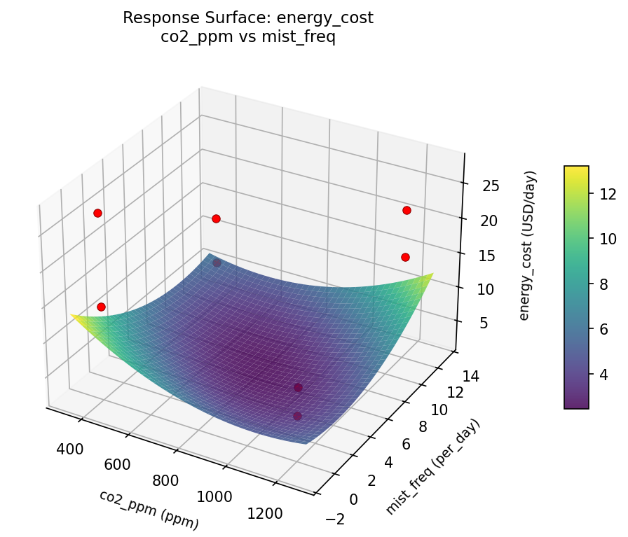 RSM surface: energy cost co2 ppm vs mist freq