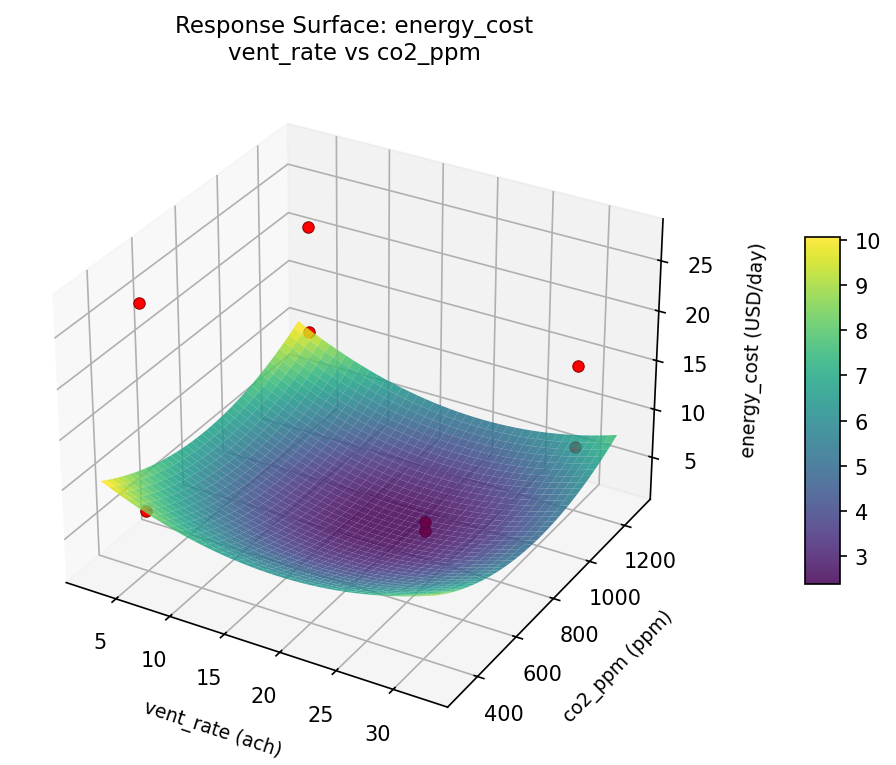 RSM surface: energy cost vent rate vs co2 ppm