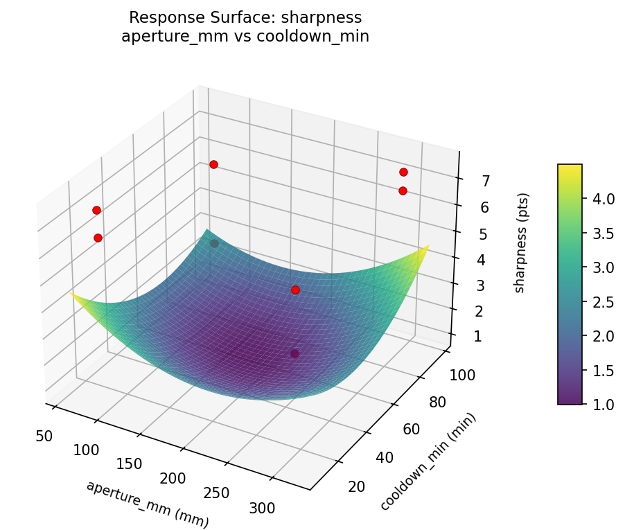 RSM surface: sharpness aperture mm vs cooldown min