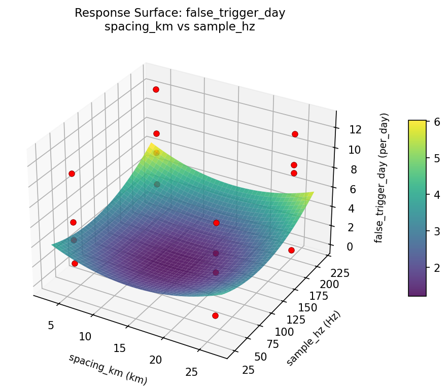 RSM surface: false trigger day spacing km vs sample hz