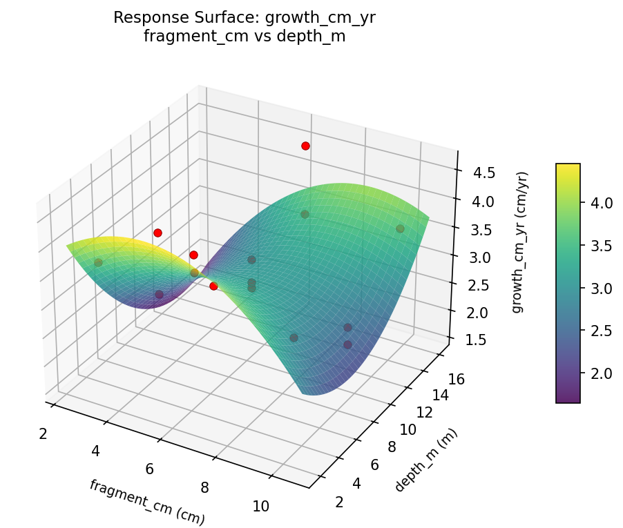 RSM surface: growth cm yr fragment cm vs depth m