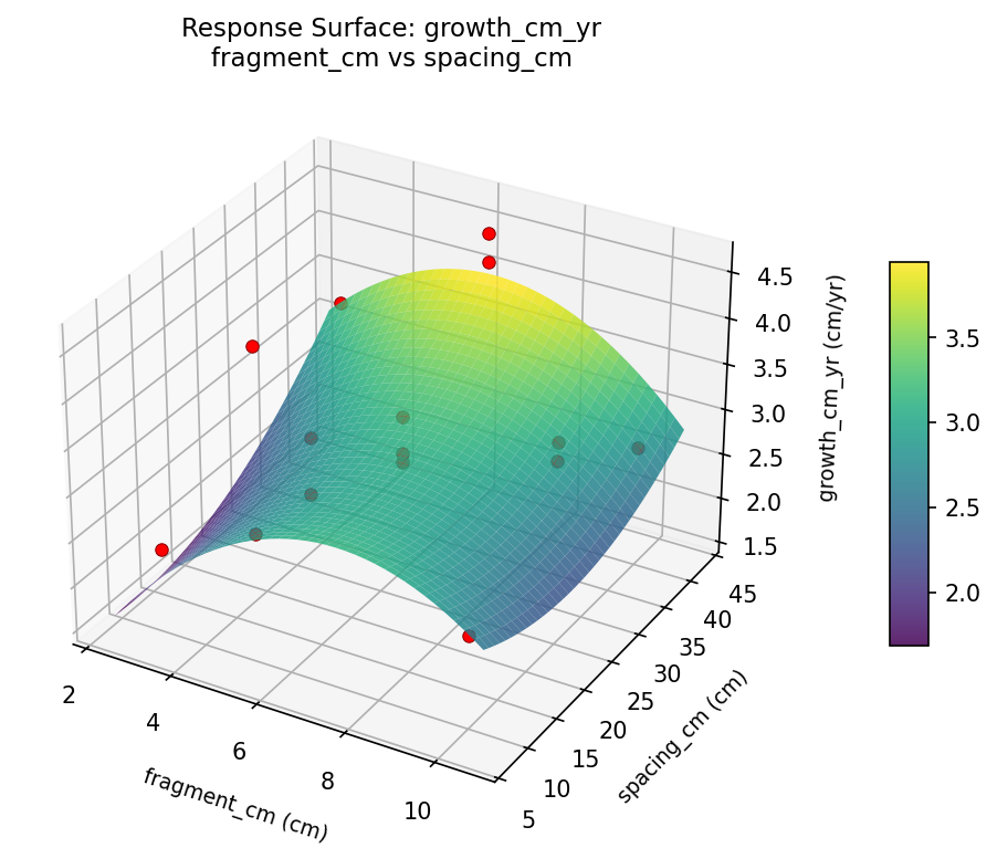 RSM surface: growth cm yr fragment cm vs spacing cm