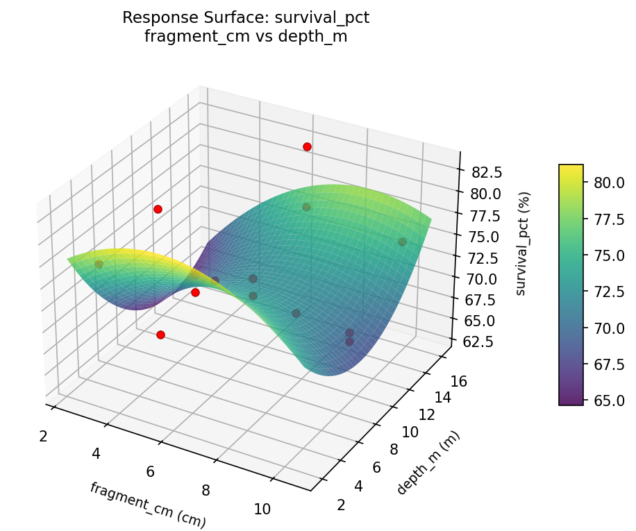 RSM surface: survival pct fragment cm vs depth m