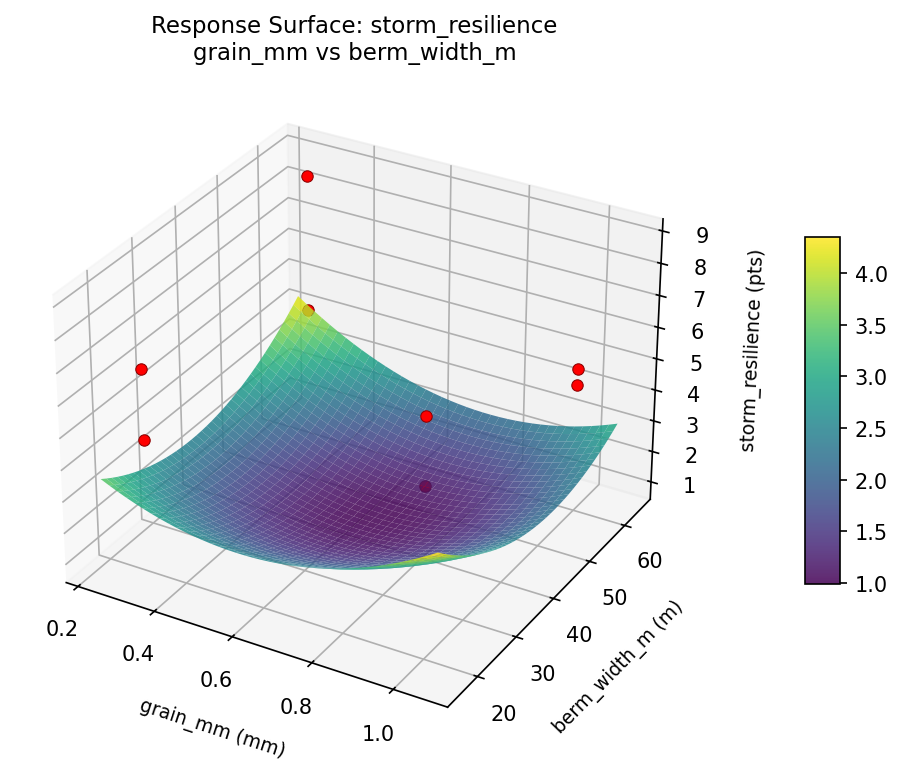 RSM surface: storm resilience grain mm vs berm width m