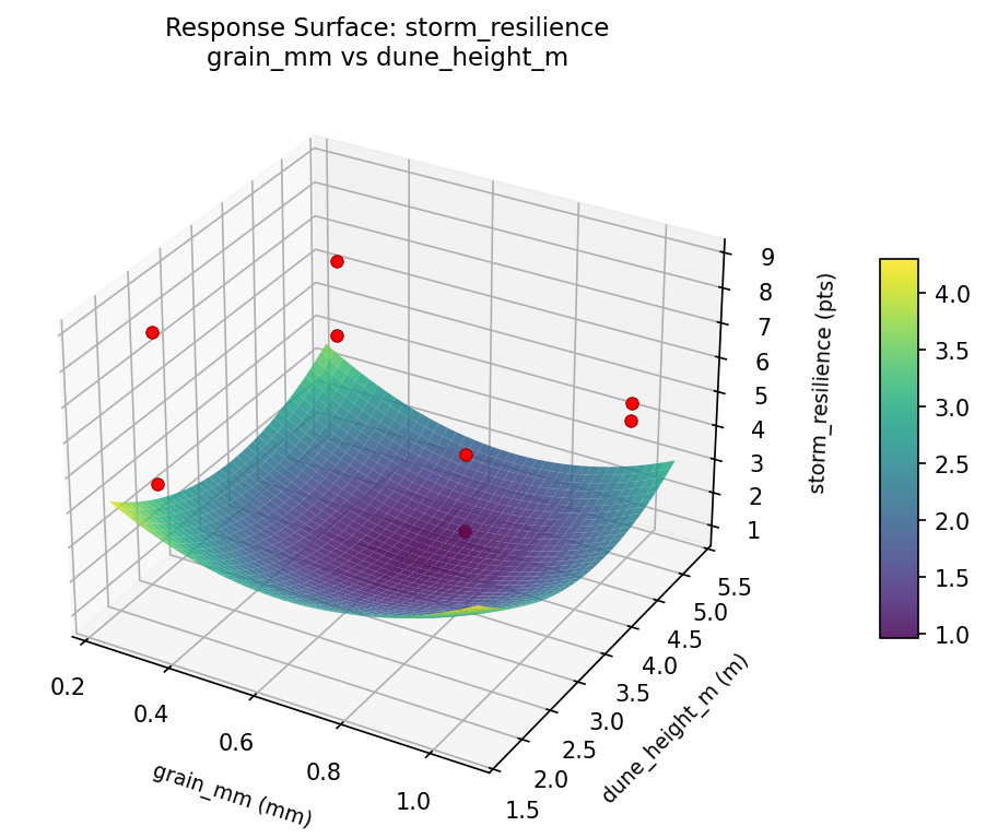 RSM surface: storm resilience grain mm vs dune height m