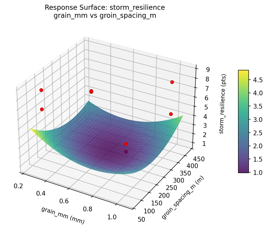 RSM surface: storm resilience grain mm vs groin spacing m