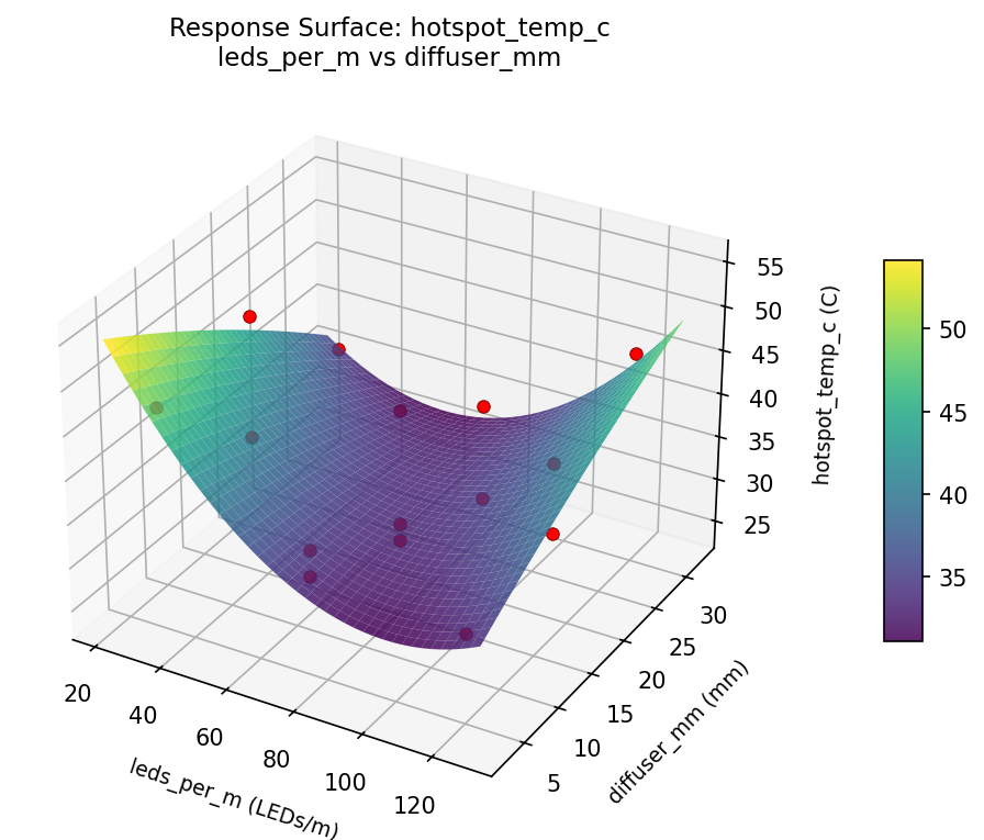 RSM surface: hotspot temp c leds per m vs diffuser mm