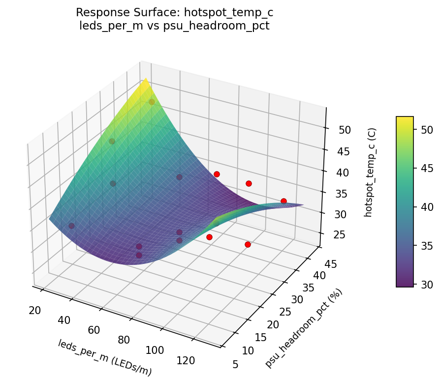 RSM surface: hotspot temp c leds per m vs psu headroom pct
