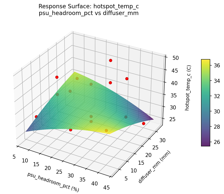 RSM surface: hotspot temp c psu headroom pct vs diffuser mm