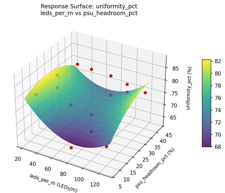RSM surface: uniformity pct leds per m vs psu headroom pct