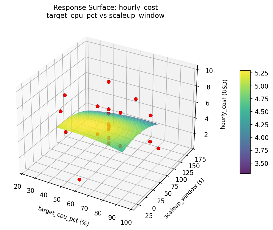 RSM surface: hourly cost target cpu pct vs scaleup window