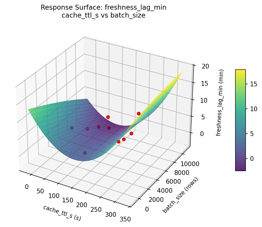 RSM surface: freshness lag min cache ttl s vs batch size