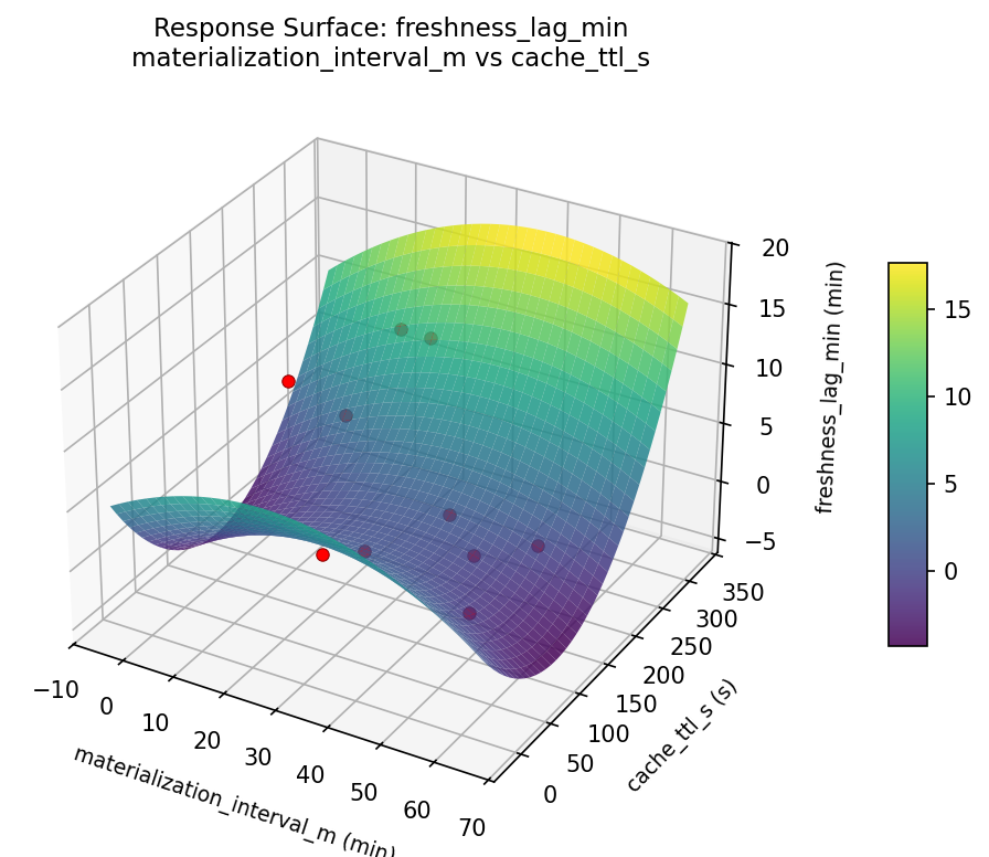 RSM surface: freshness lag min materialization interval m vs cache ttl s