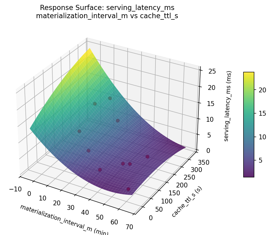RSM surface: serving latency ms materialization interval m vs cache ttl s