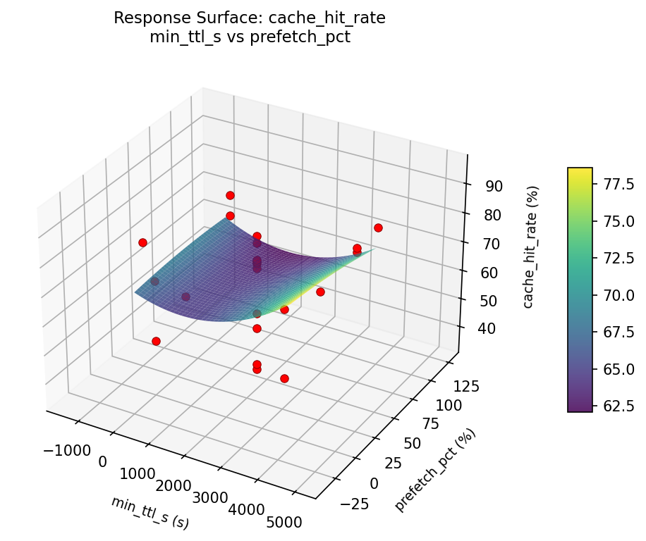 RSM surface: cache hit rate min ttl s vs prefetch pct