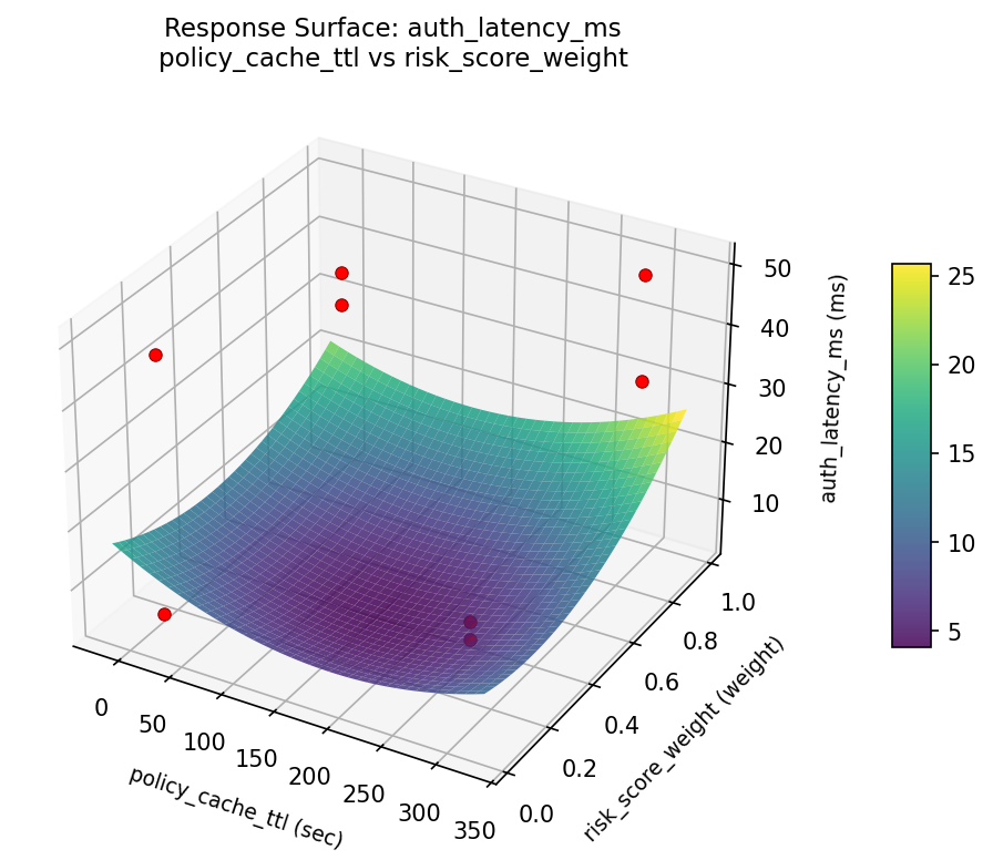 RSM surface: auth latency ms policy cache ttl vs risk score weight