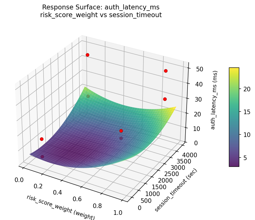 RSM surface: auth latency ms risk score weight vs session timeout