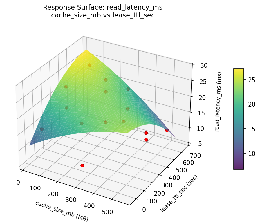 RSM surface: read latency ms cache size mb vs lease ttl sec