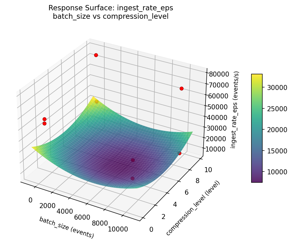 RSM surface: ingest rate eps batch size vs compression level
