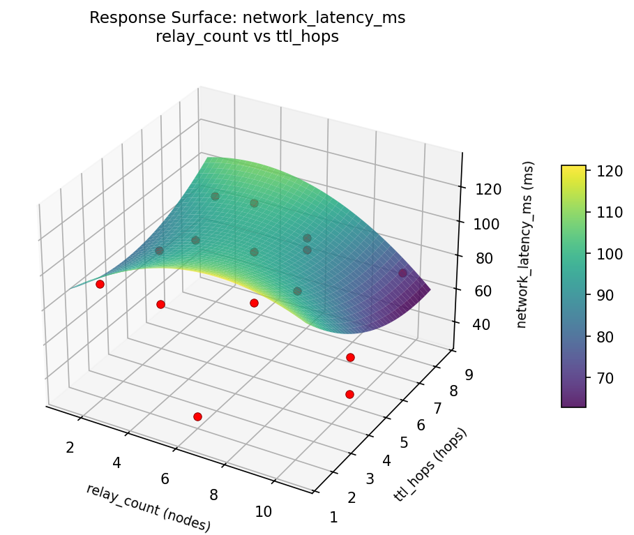 RSM surface: network latency ms relay count vs ttl hops