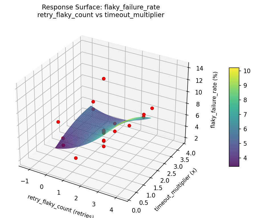 RSM surface: flaky failure rate retry flaky count vs timeout multiplier
